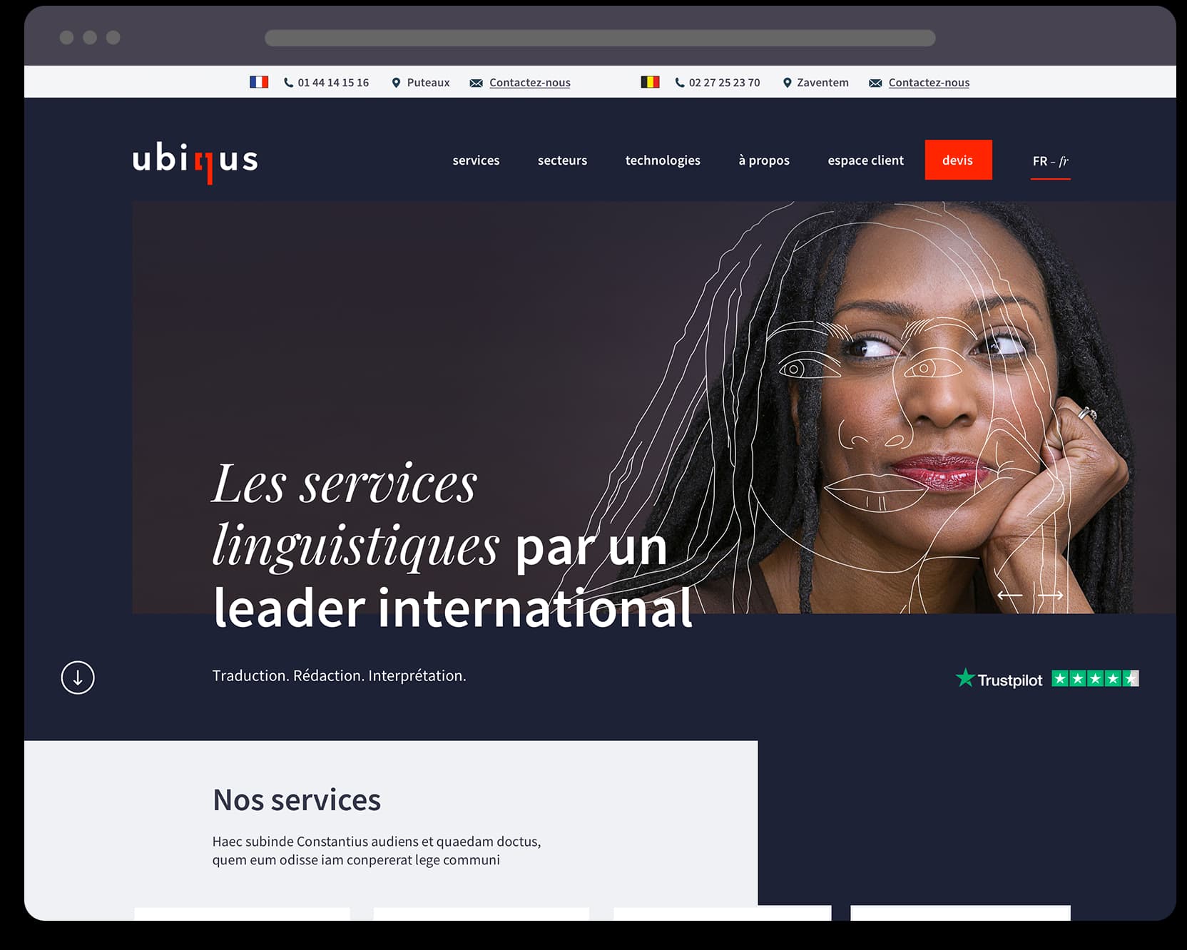 Multilingual homepage of the Ubiqus website with language selector