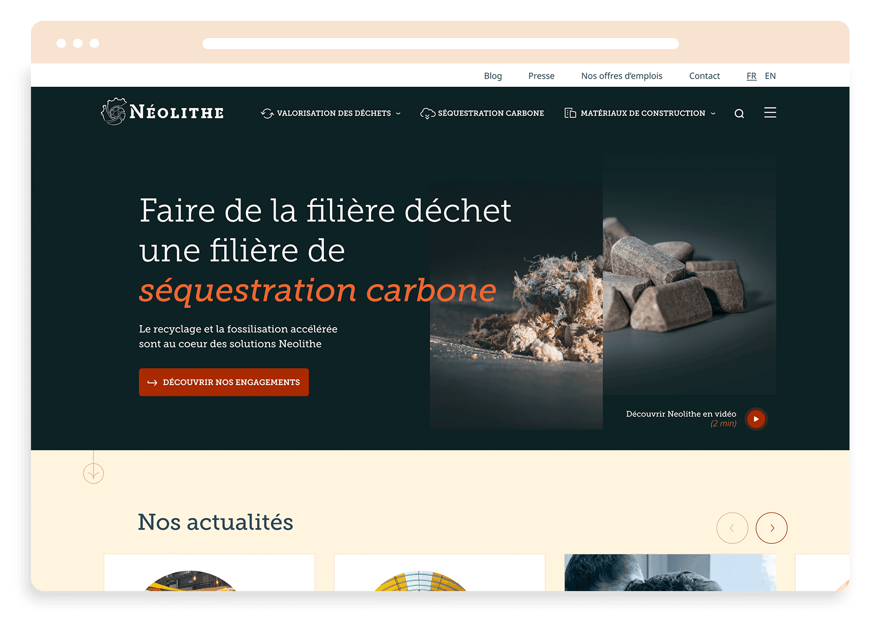 Redesigned Néolithe homepage with the new visual identity