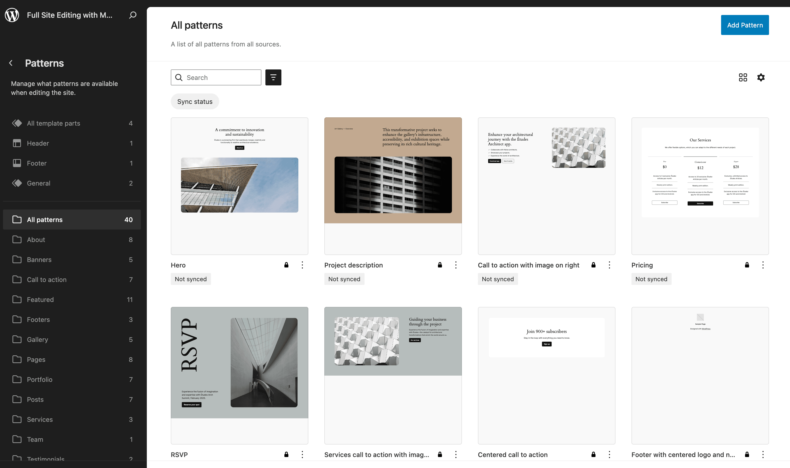 Pattern library in the WordPress Site Editor with ready-to-use block compositions such as hero, project description, and pricing sections