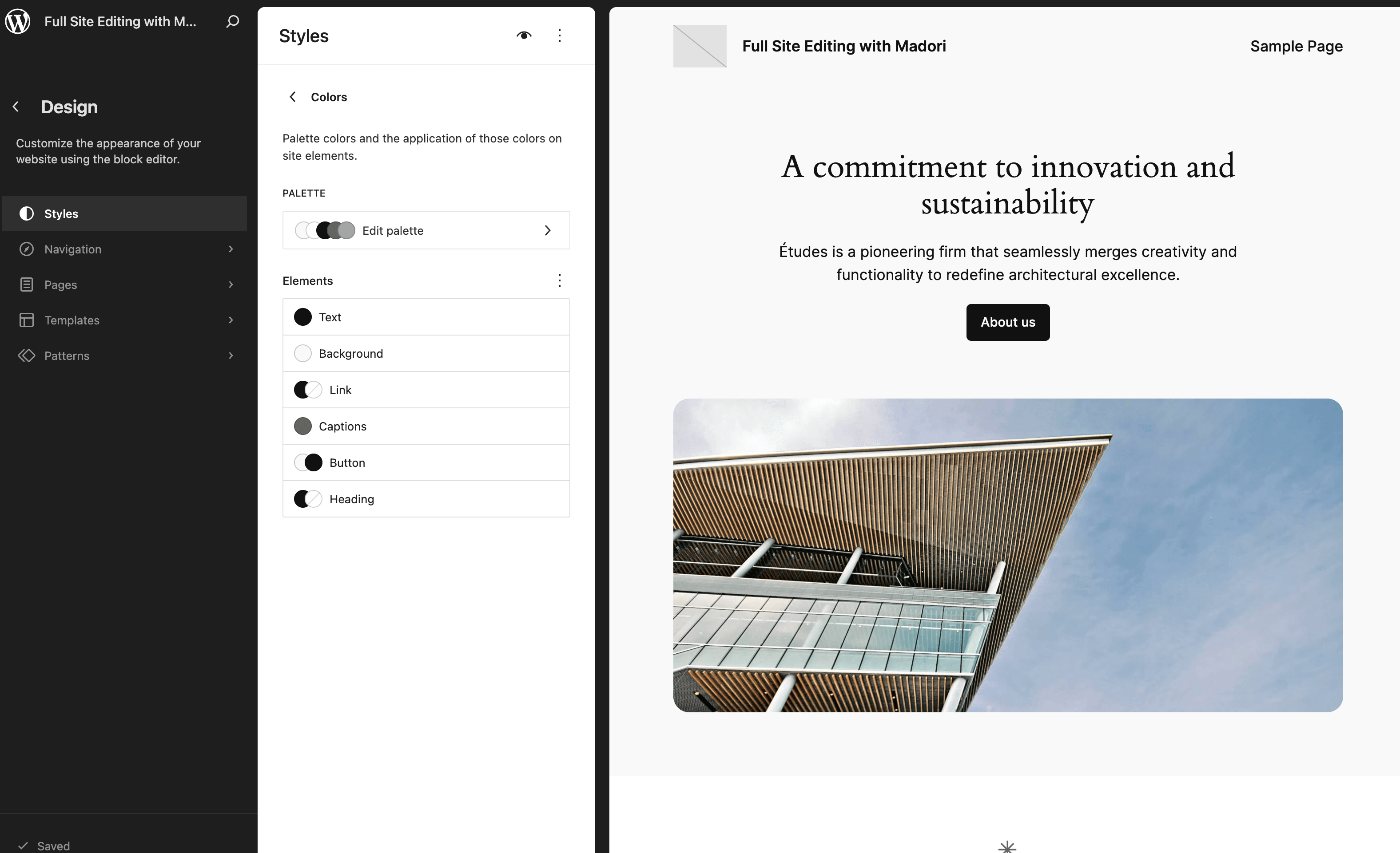 Global styles panel in the WordPress Site Editor showing the color palette and element customization options