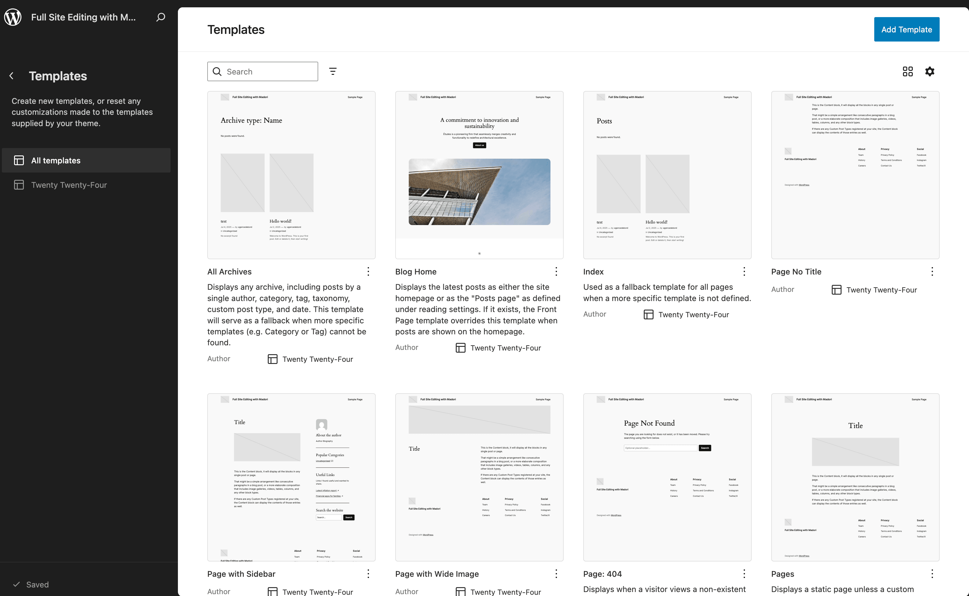 List of available templates in the WordPress Site Editor, including archives, blog home, index, and page templates